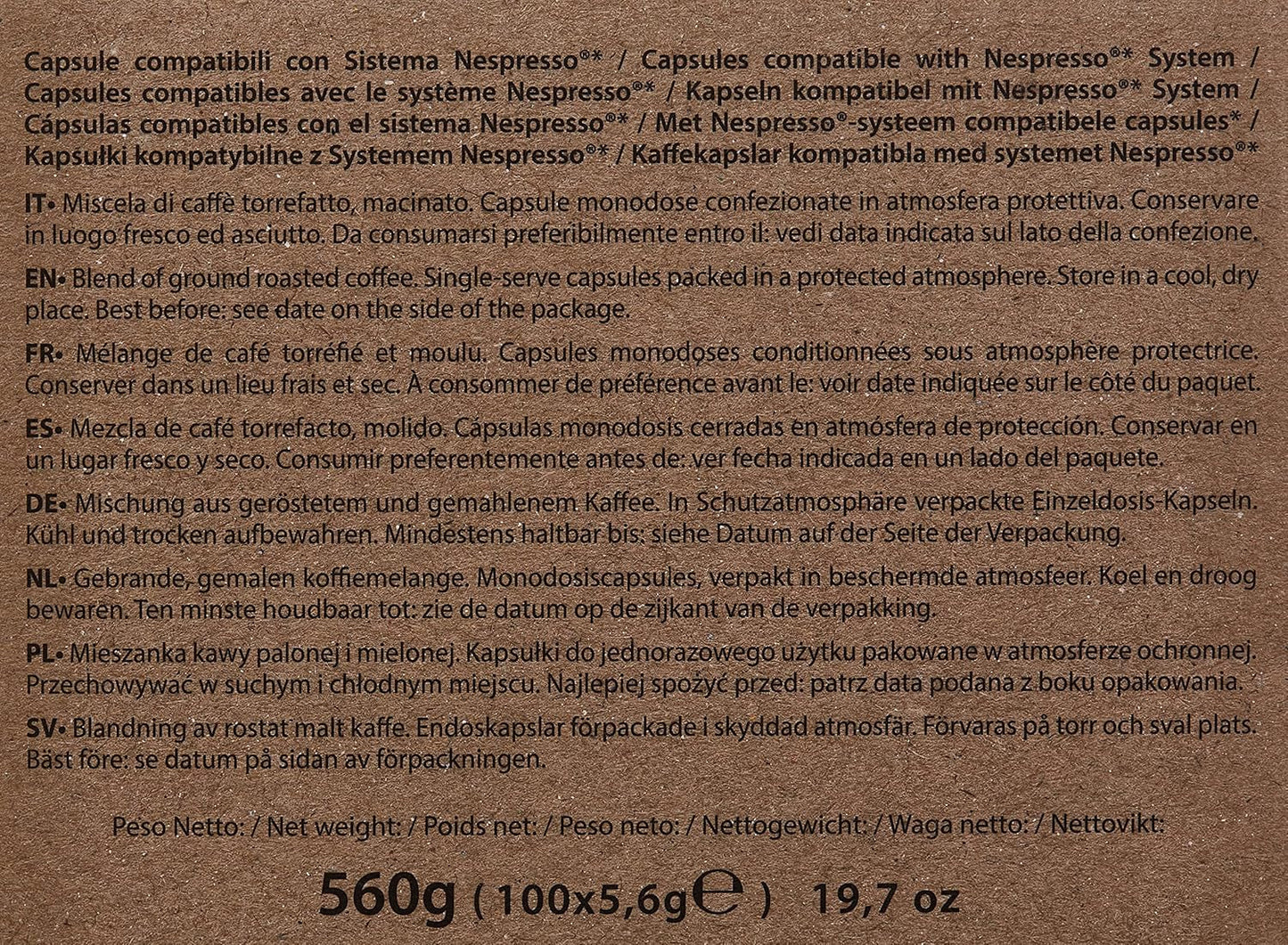 Decaffeinato kaffekapslar Nespresso-kompatibla 5,6 g x 100 kapslar