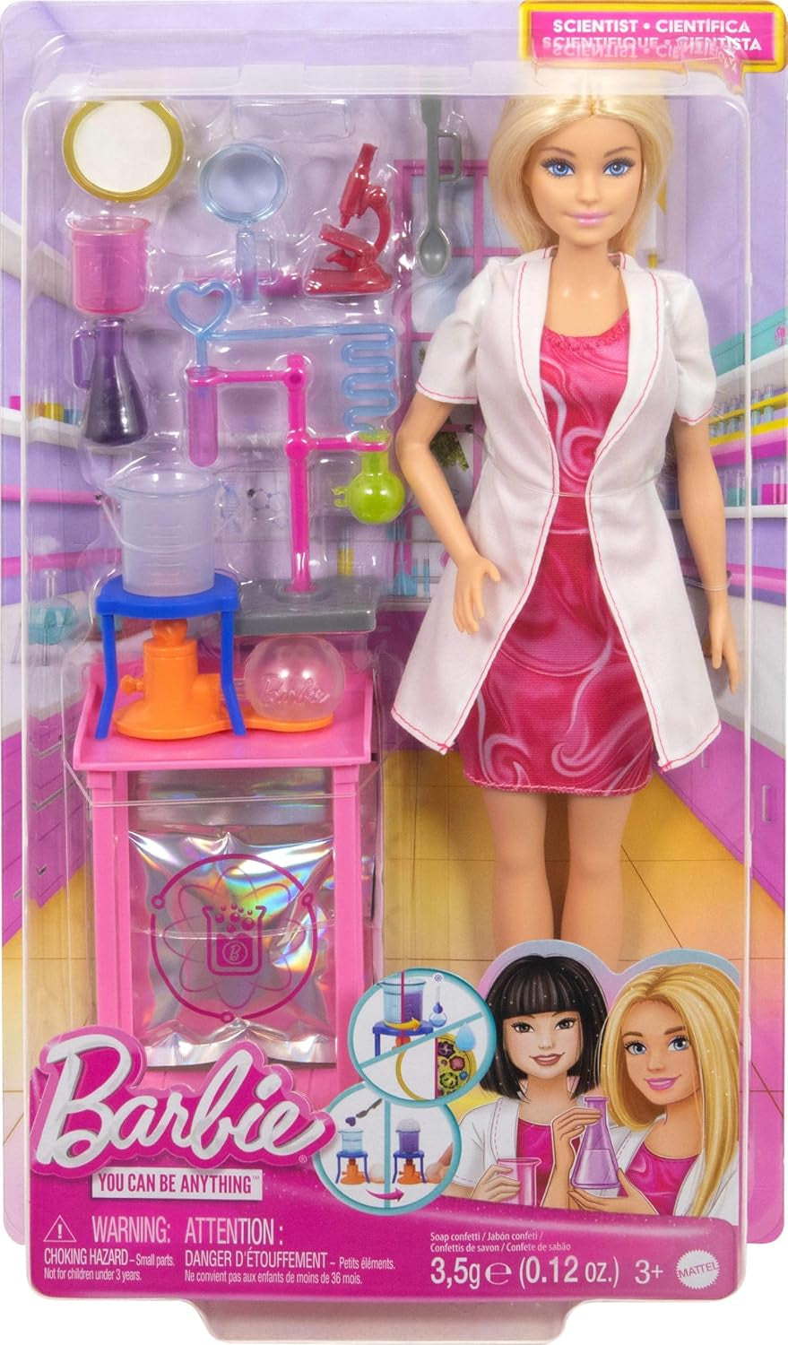 Barbie Scientist-docka och tillbehör med moderiktig blond docka, labbbord, mikroskop, färgskiftande bägare och petriskål, JCR70