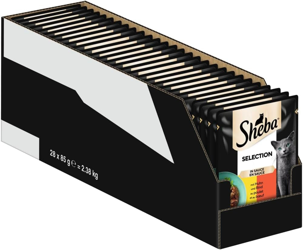 Våtfoder för katter Sheba Selection i portionspåsar med kyckling och nötkött i sås 28x85g