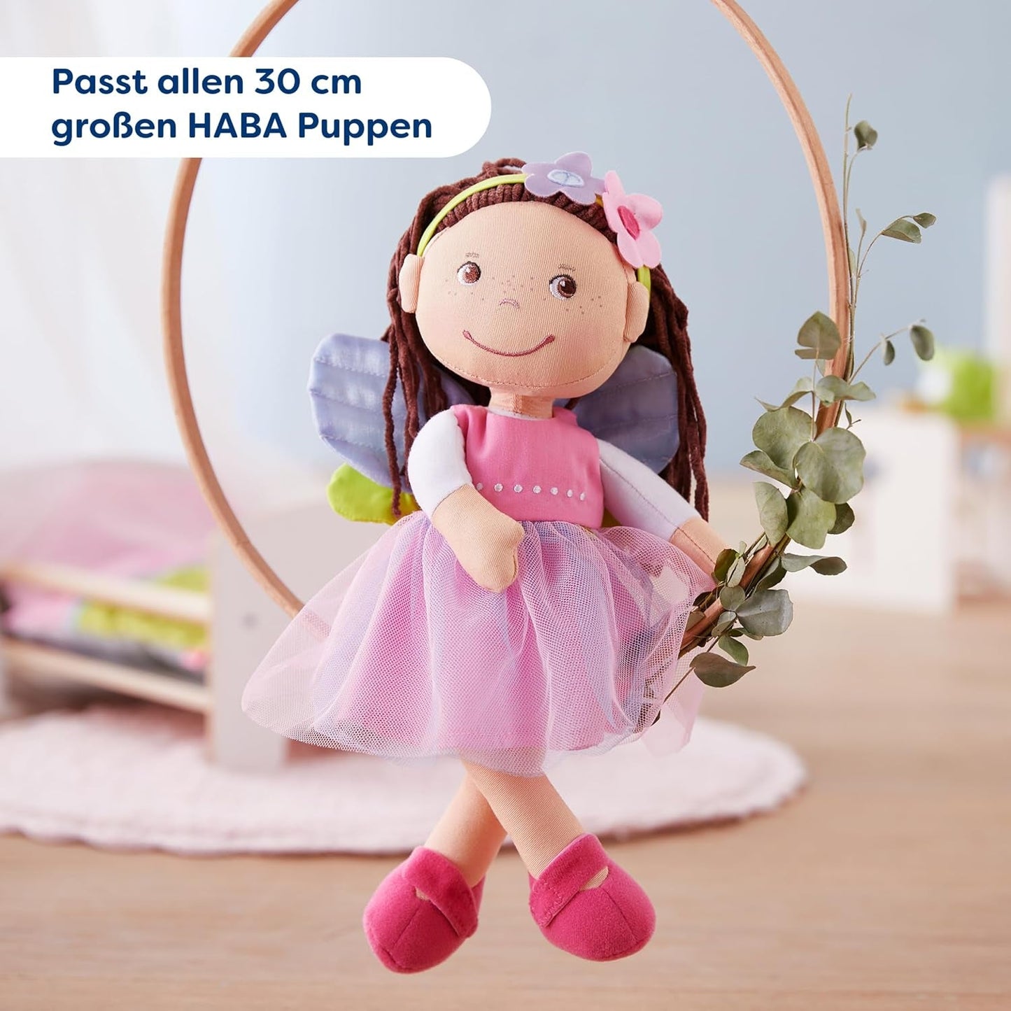 HABA Fairy Magic Doll Kläder - 2 delar set för 18 månader och uppåt dockor (30 cm) - Tyllklänning med vingar, blomma hårband ingår - 1306243001