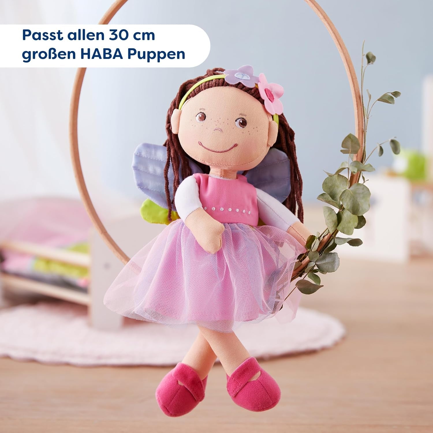 HABA Fairy Magic Doll Kläder - 2 delar set för 18 månader och uppåt dockor (30 cm) - Tyllklänning med vingar, blomma hårband ingår - 1306243001