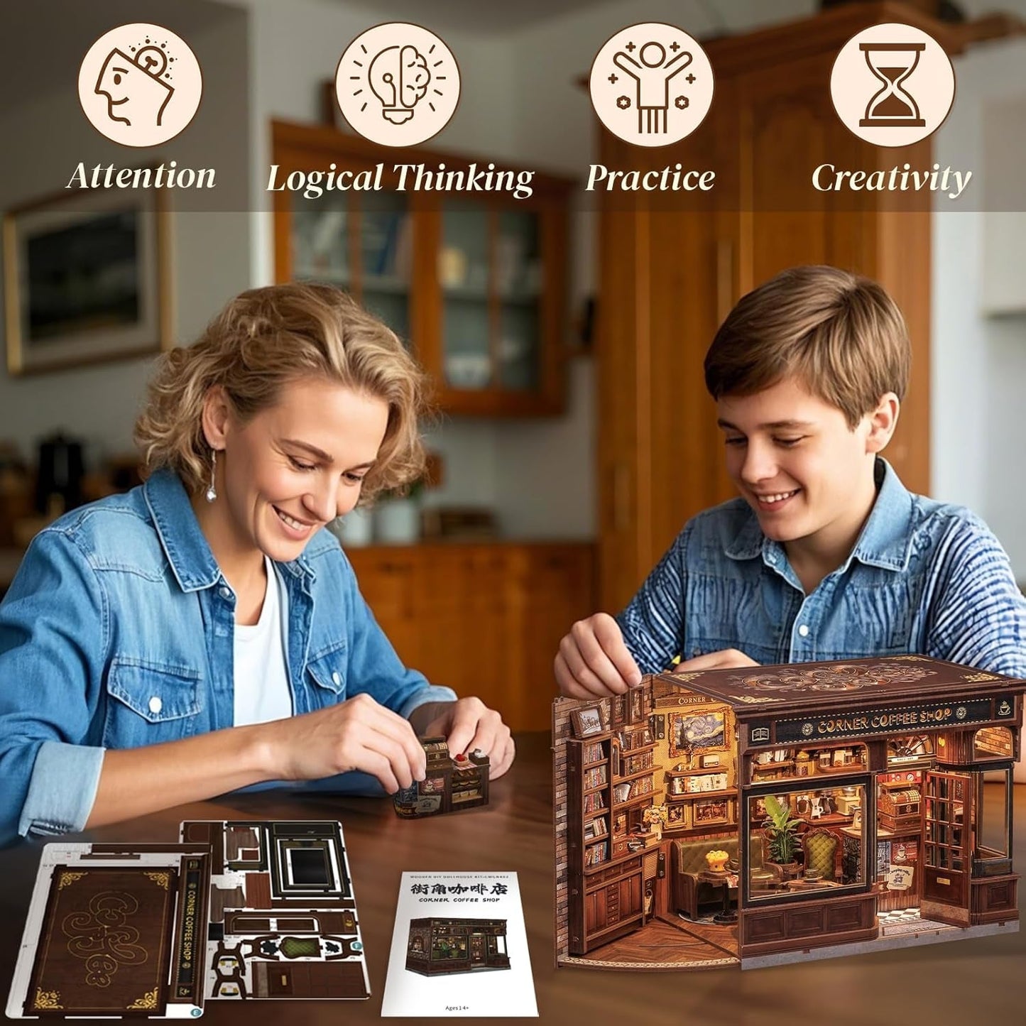 CUTEBEE Book Corner Kit - DIY dockhus, LED Light Up Miniatyr husbyggande kit för vuxna, 3D träpussel och bokställ - bokhylla dekoration och present (Corner Cafe)