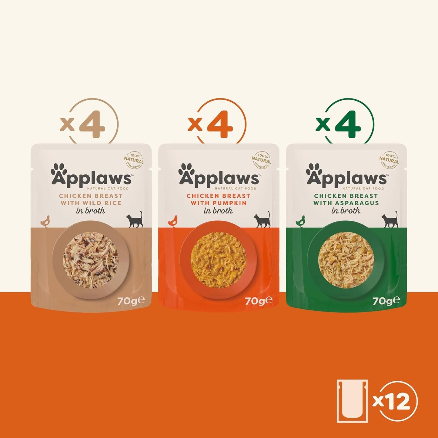 Applaws Premium naturligt vått kattfoder, urval av kyckling i soppa 70 g portionspåsar (12x70 g)