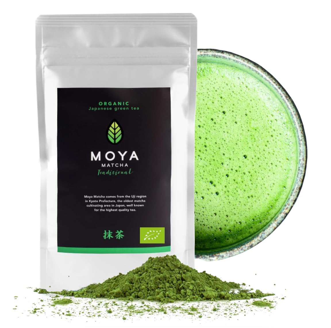 Moya Matcha ekologiskt grönt tepulver | 100 g traditionell ceremonikvalitet 30 g | Ekologiskt odlat och skördat i Uji, Japan | Perfekt att dricka till vatten, matcha lattes, smoothies och lemonader