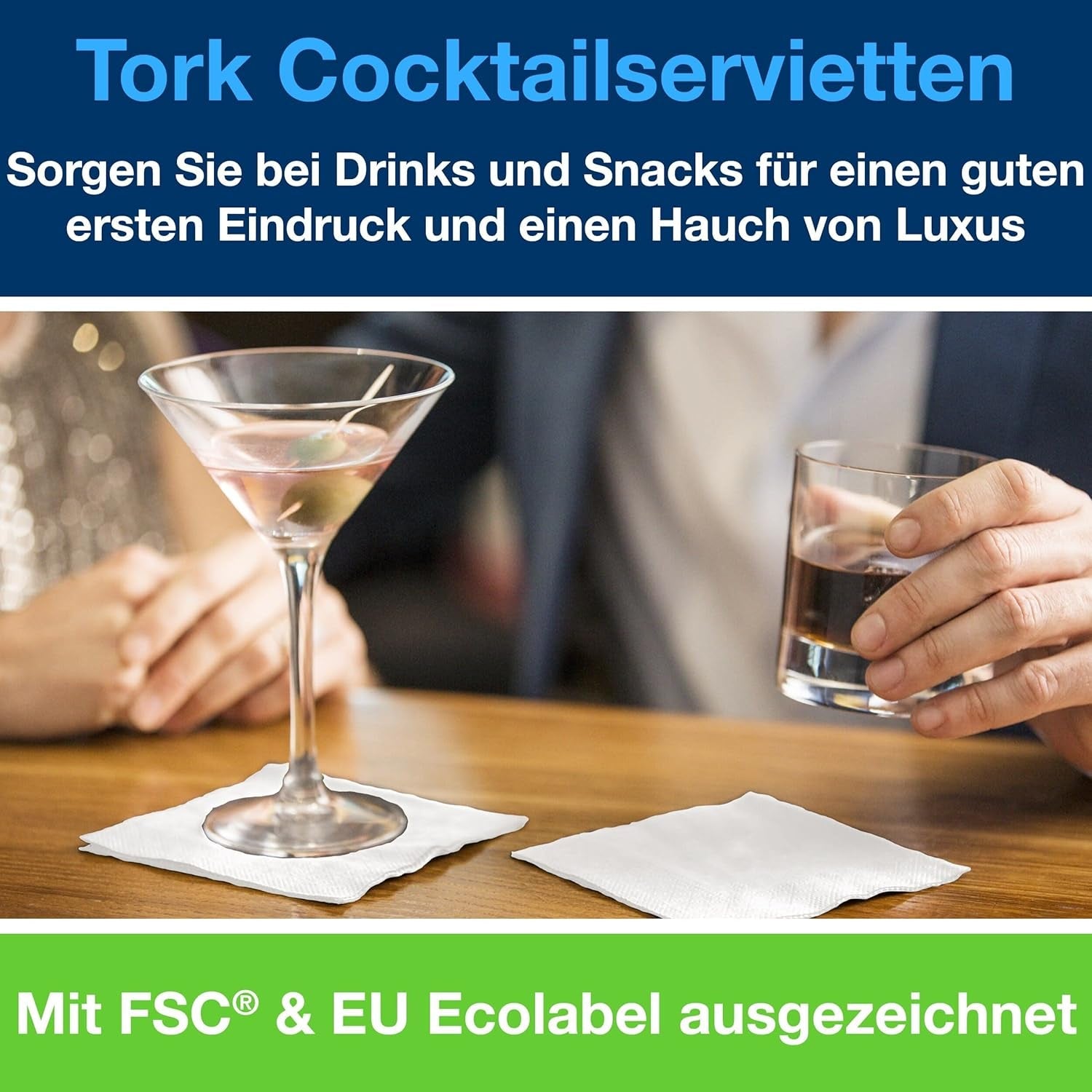 Tork Cocktail vita servetter, 1/4-faldig, 2-lagers, 24 cm × 24 cm, 200 servetter, 477534