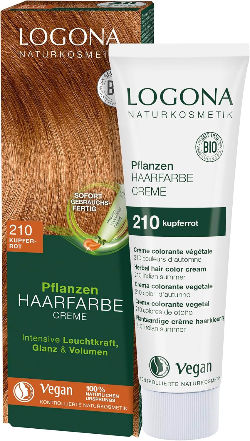 LOGONA Natural Cosmetics Plant Hårfärg Kräm 240 Nougat Brun Naturlig Henna Brun Hårfärg Kräm Bruna toner Mörk hårfärg 150ml Naty Shop Hårfärg 210 Kopparröd [Indian Summer]