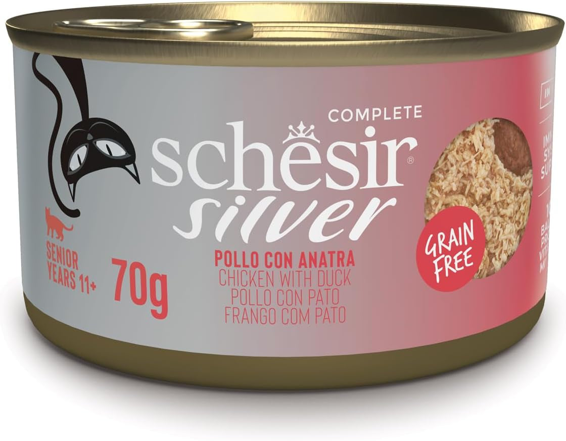 Silverkyckling med ankmousse och filéer, komplett våtfoder för äldre katter, spannmålsfri, immunstöd, fuktkälla, 12 x 70 g