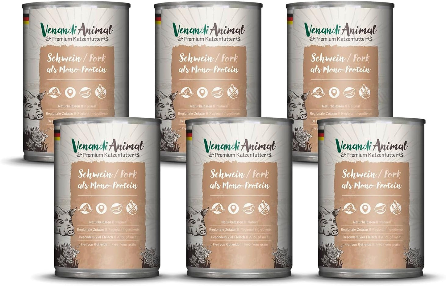 Venandi - Premium våt kattmat - fläsk som ett enda protein, 6 x 400g (pack om 6), spannmålsfri med extra kött