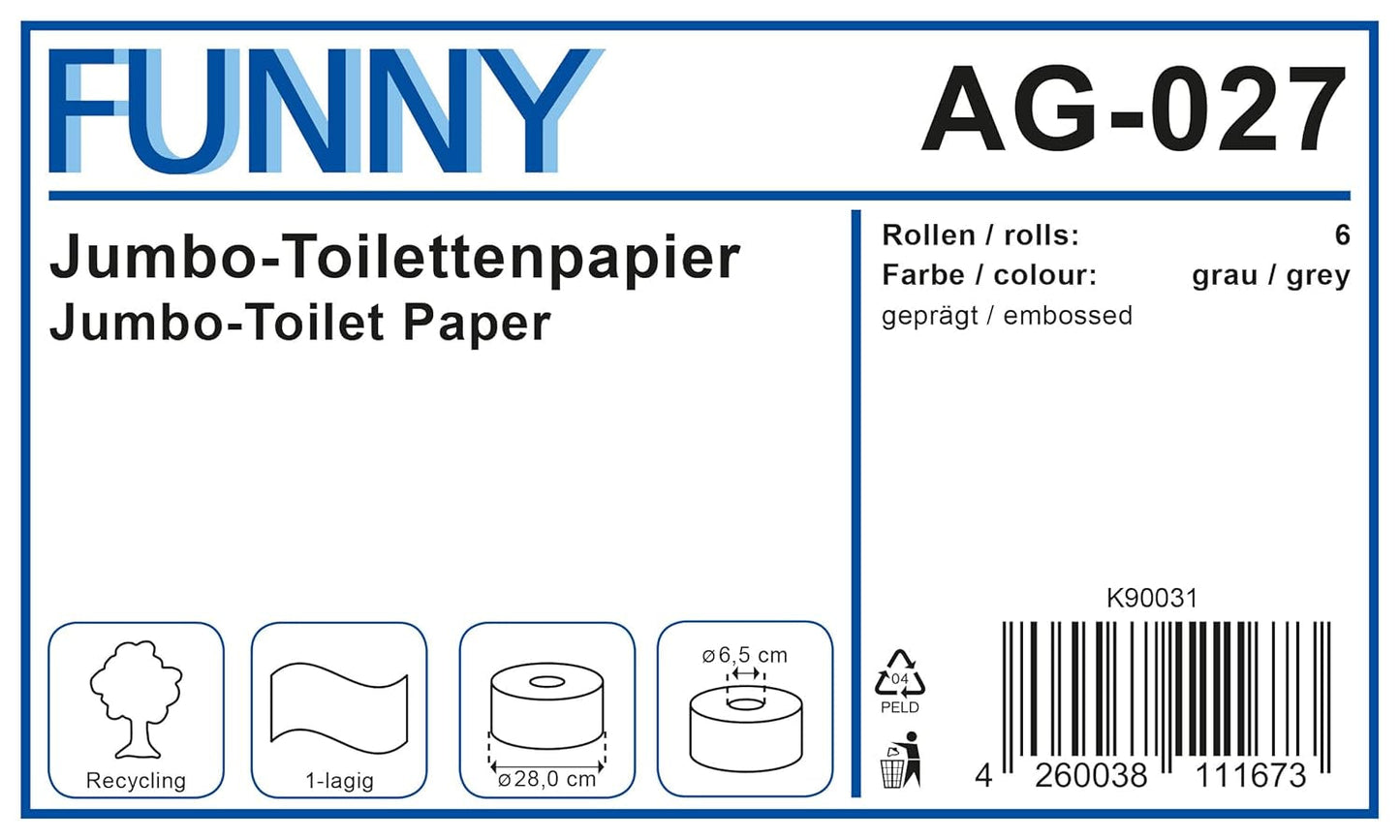 Funny AG-027 Jumbo toalettpapper, 1 lager, återvunnet, diameter 28 cm (pack med 6)