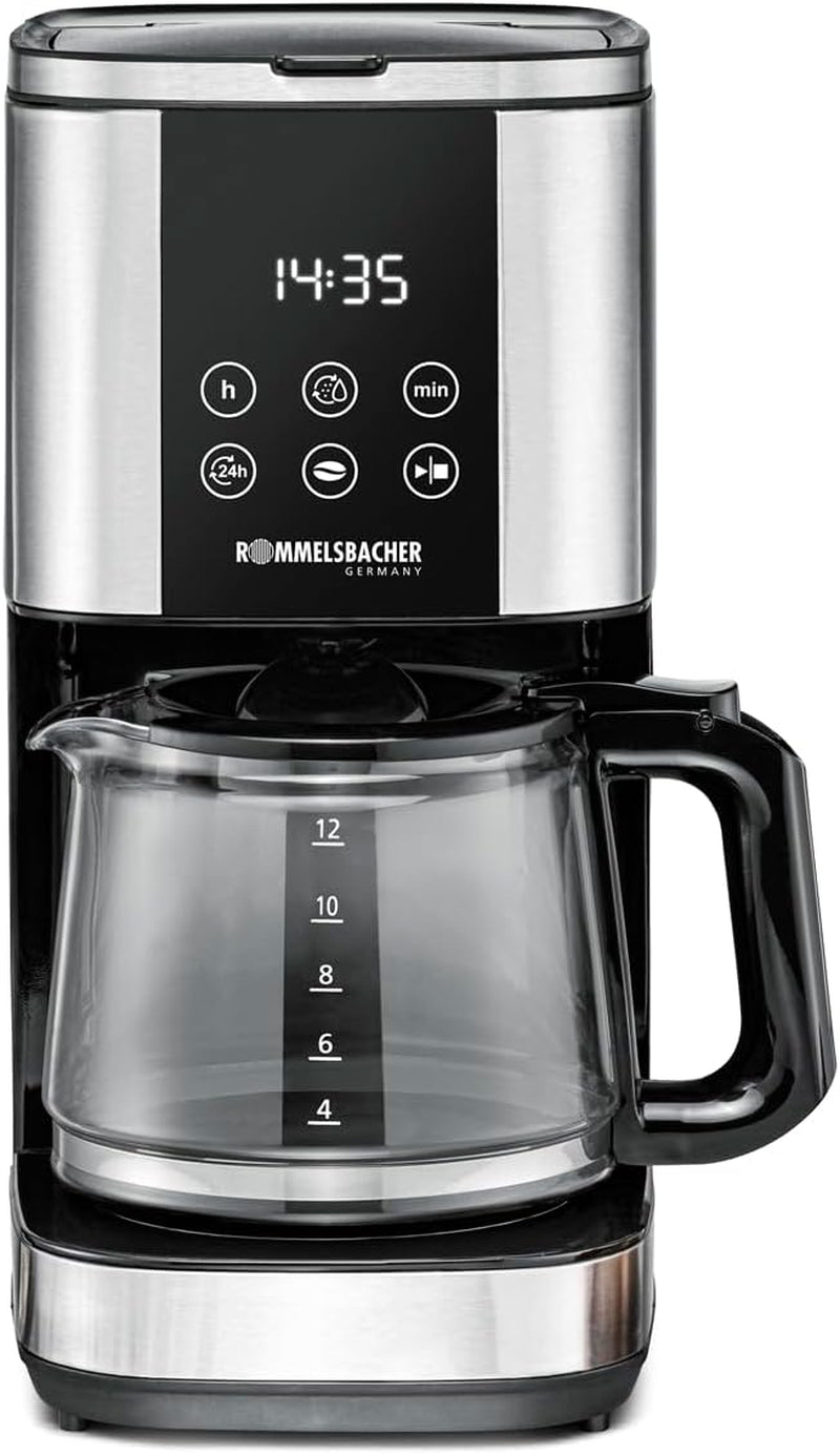 Rommelsbacher FKM 1000 filter espressomaskin - 1,5 liters vattentank för 12 koppar kaffe, glaskaraff, fördröjd start, varmhållningsfunktion, aromfunktion, avtagbar filterhållare 1x4