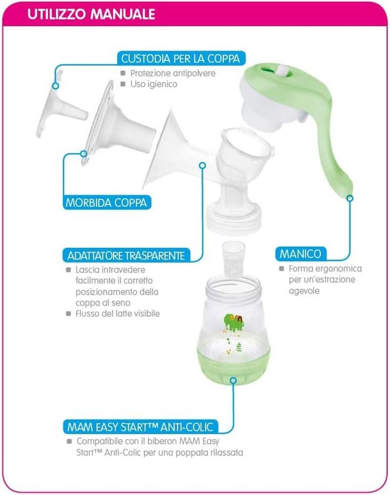 MAM Elektrisk och manuell bröstpump 2 i 1, med 9 stimuleringsnivåer, innehåller 2 flaskor, enkel start, grönt Tillbehör Mat och amning Bebe Naty Shop