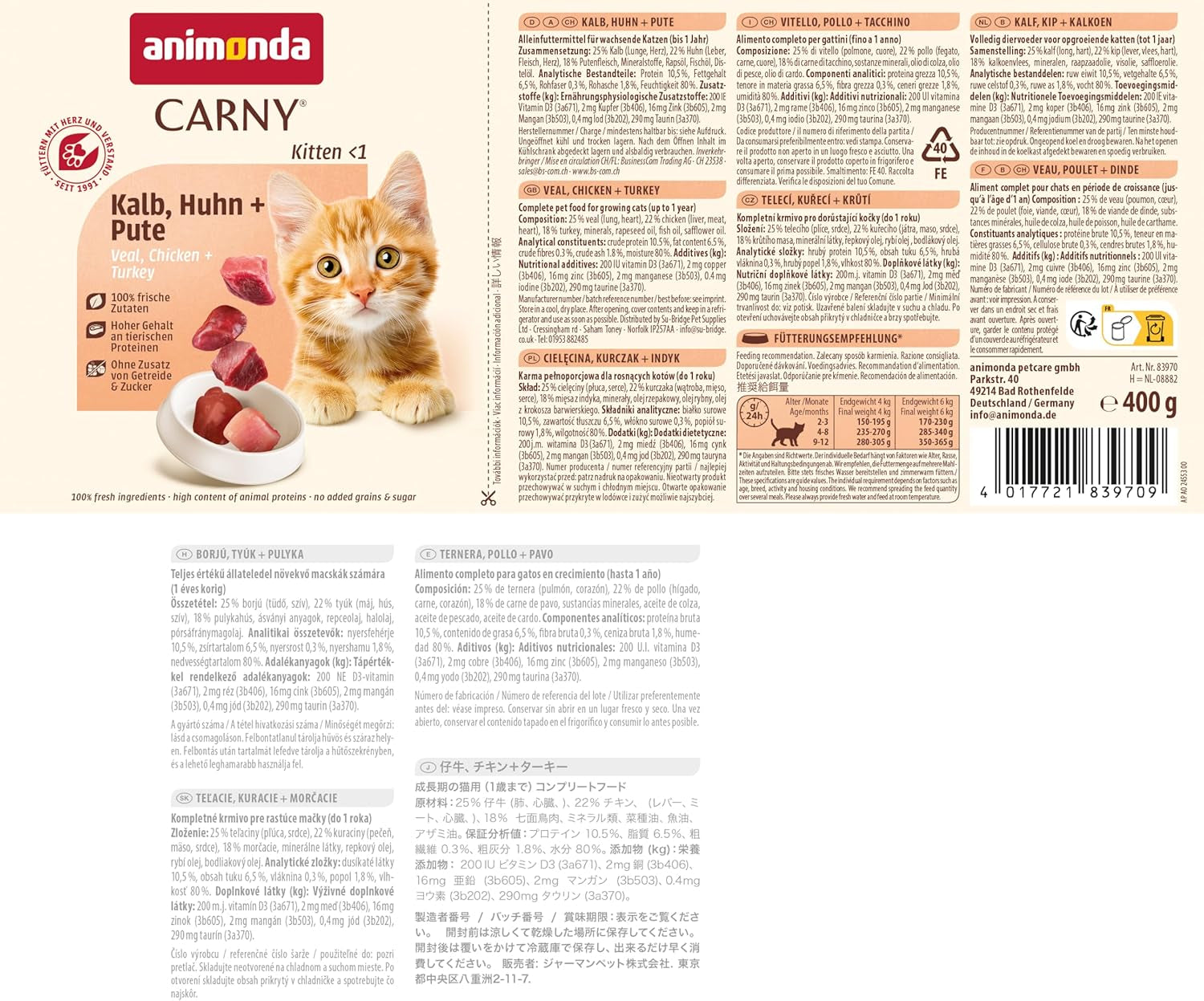animonda Carny Katzen Nassfutter Kitten Chicken + Pute (12 x 400g), Kitten getreidefreies Katzennassfutter ohne Zucker für wachsende Kätzchen bis 1 Jahr, mit frischen Ingrediens