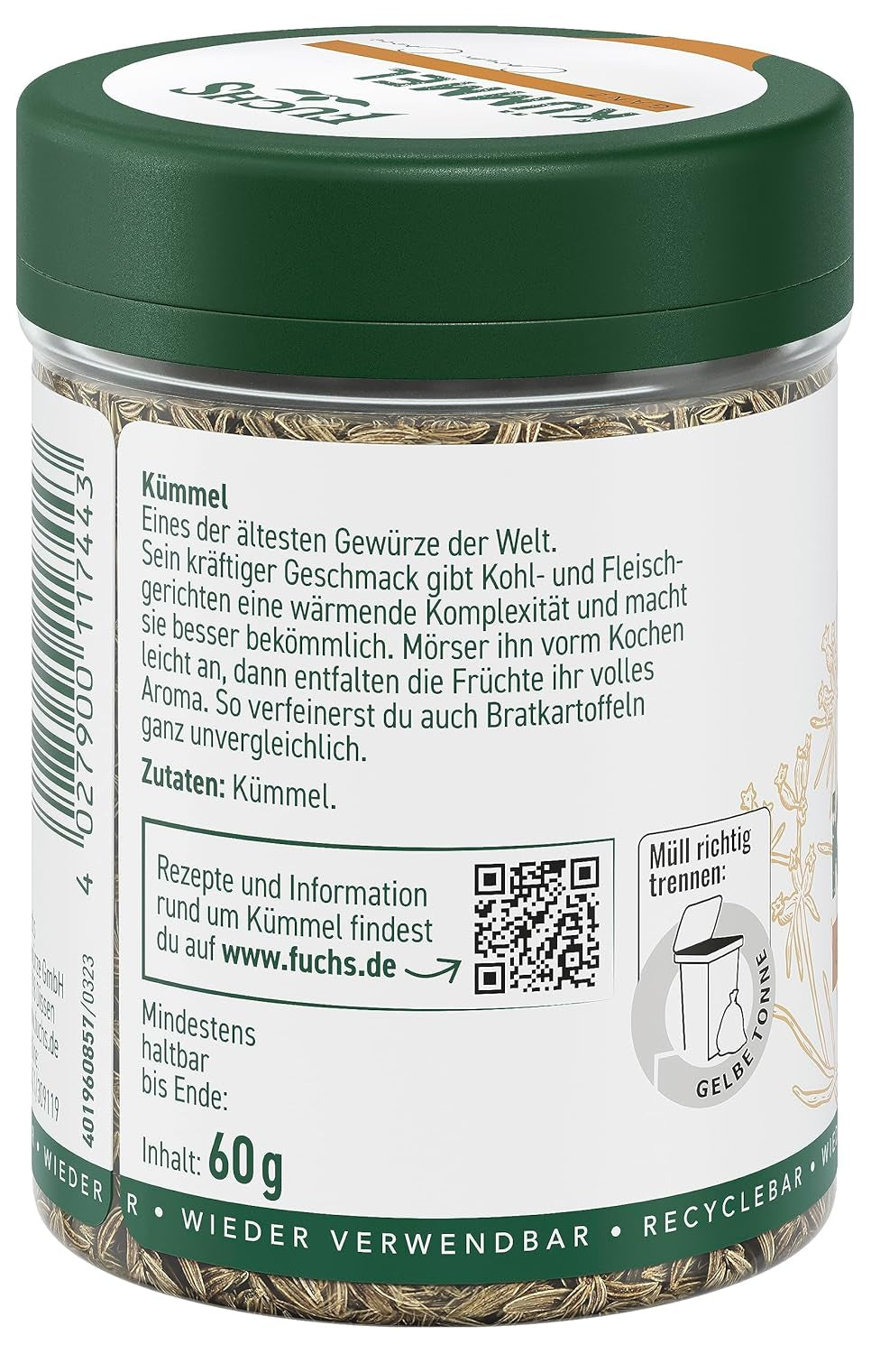 Fuchs Gewürze - Kümmel ganz - kräftiges Gewürz für Kohl- und Fleischgerichte oder zu Bratkartoffeln - naturlig ingrediens - 60 g i wiederverwendbarer, recyclebarer Dos