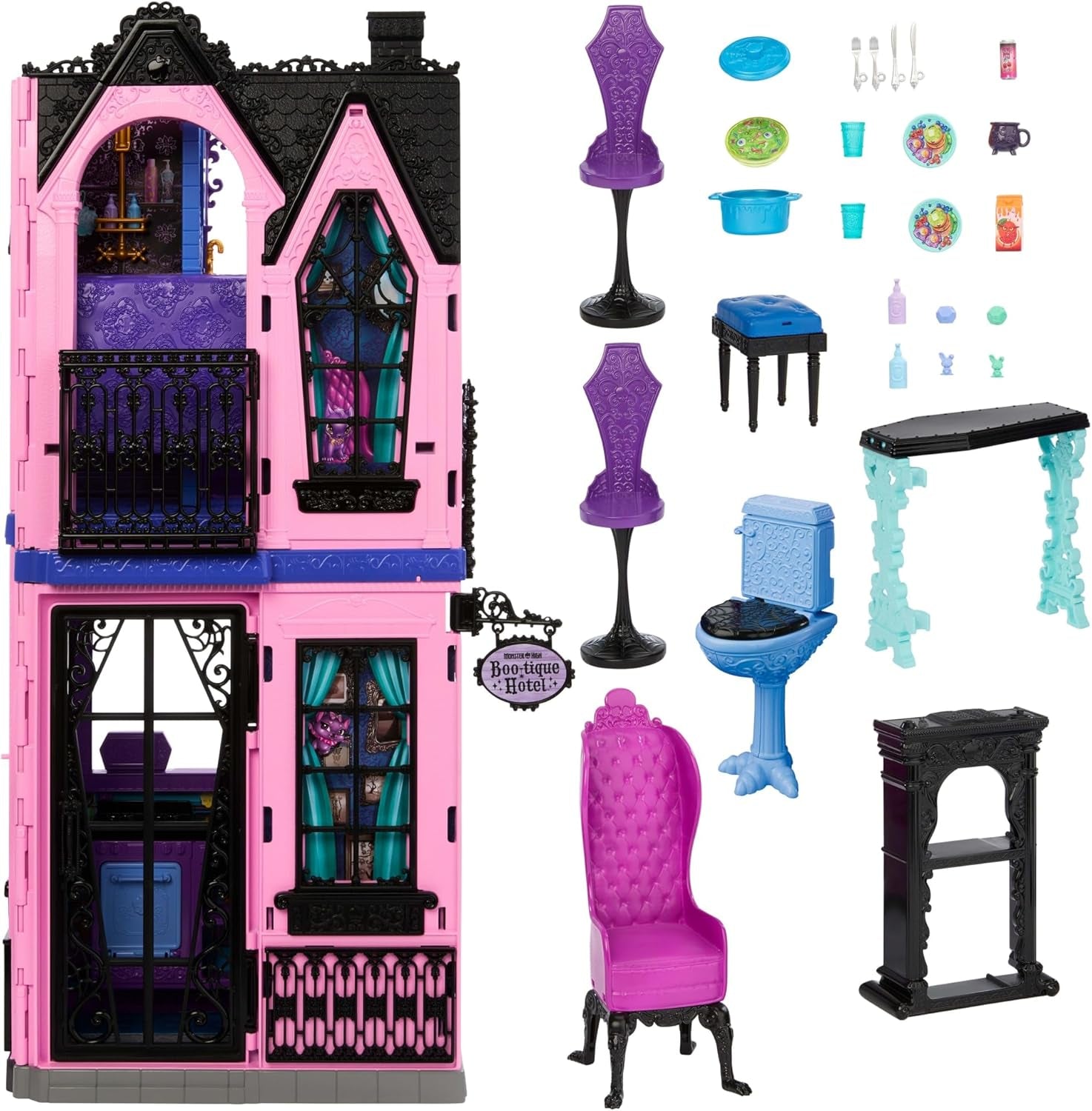 Monster High Buh-tique Hotel Dollhouse, hopfällbart lekset med läskiga överraskningar i varje rum och 13+ lekset, inklusive möbler och tillbehör, JBF16