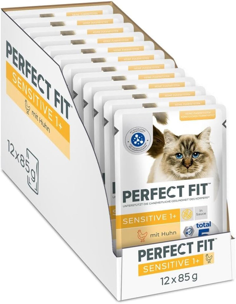 Våtfoder för katter Perfect Fit Sensitive 1+ med kyckling i sås, 12 påsar, 12 x 85g - Premium våtfoder för känsliga katter från 1 år, utan vete och soja, för att stödja matsmältningen