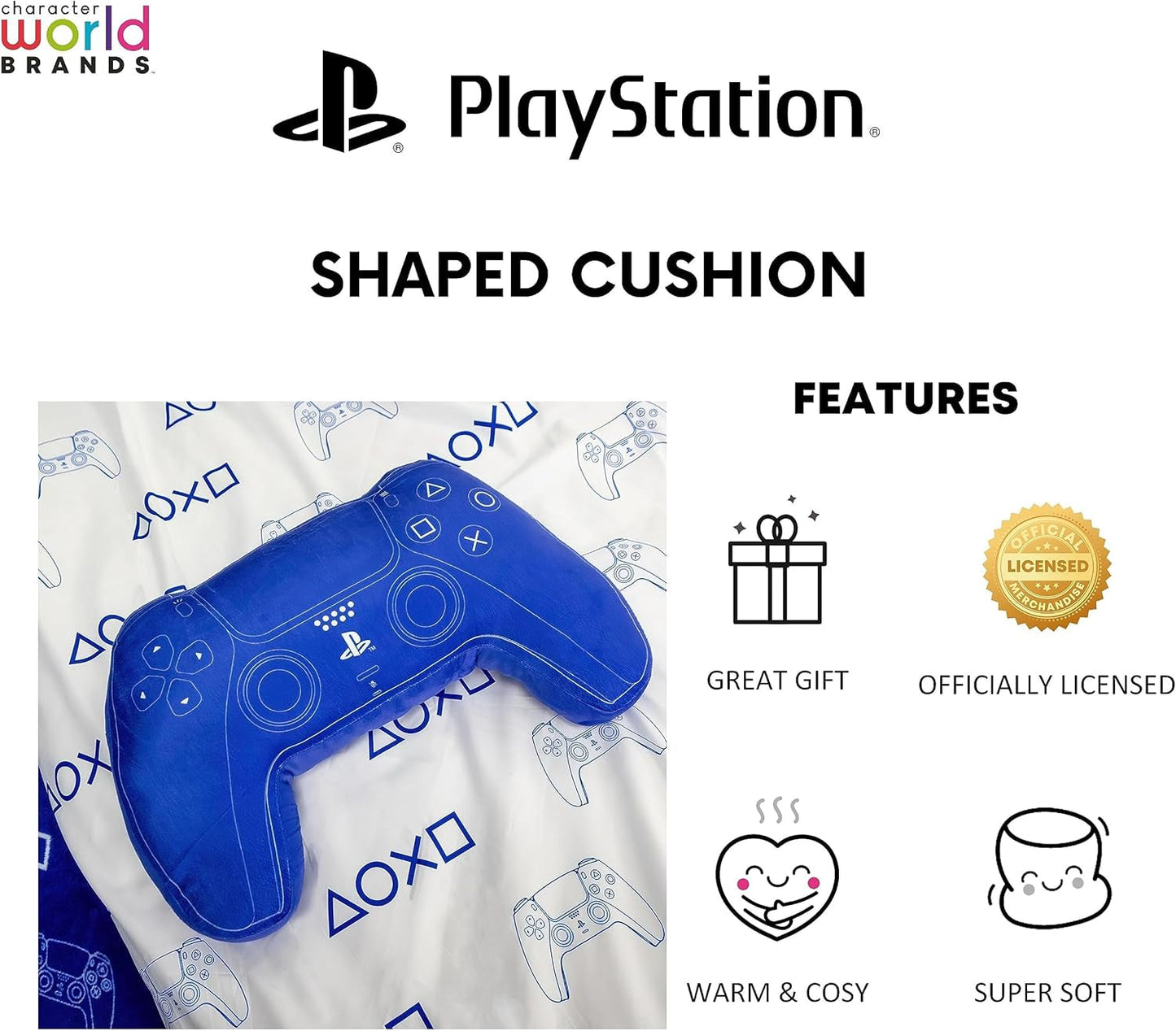Character World: Officiellt licensierad Playstation Controller-formad kudde, handenhetsdesign, fylld plyschkudde | Perfekt för sovrums- eller lekinredning, blå Naty Shop standardkuddar