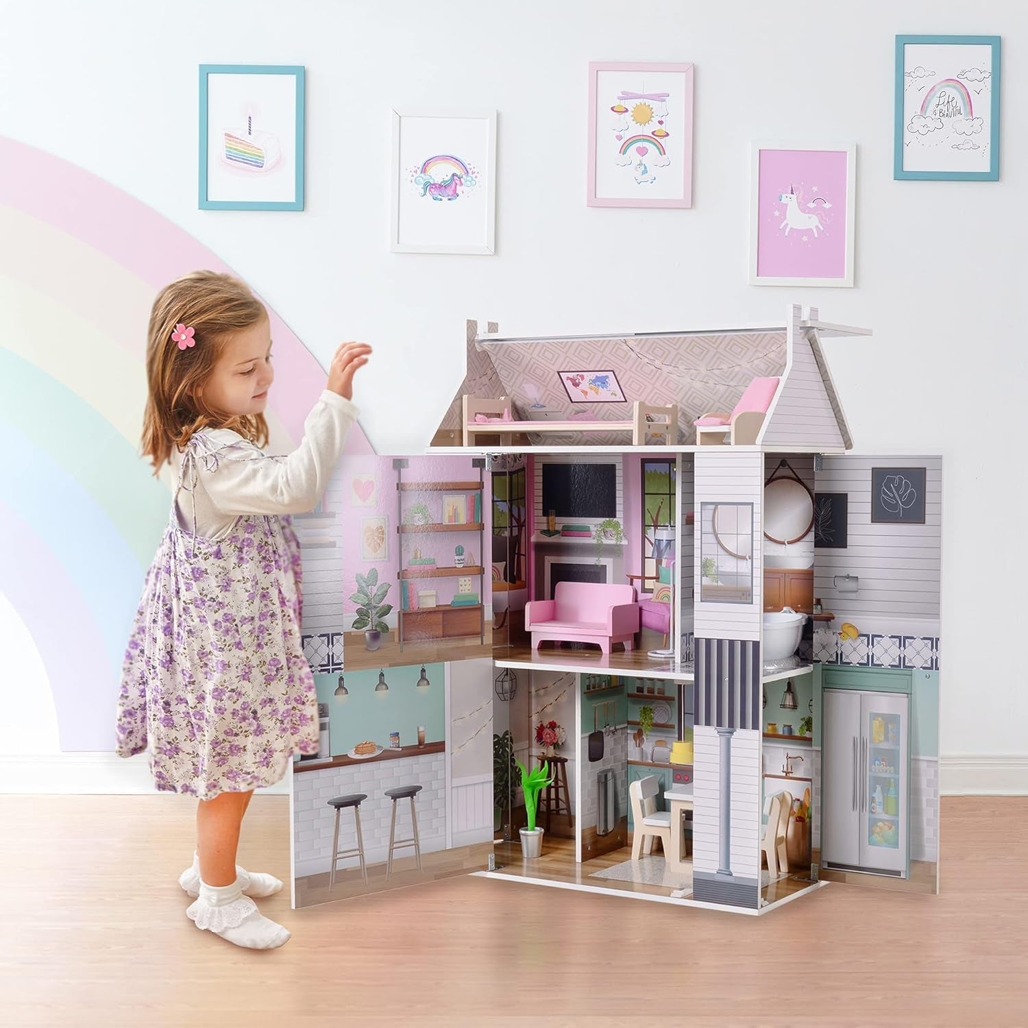 Olivia'S Little World Drömland Farmhouse Barn Interaktivt dockhus i trä 3 våningar med 13 dockmöbler Tillbehör Vit TD-13632A Dockhus Naty Shop