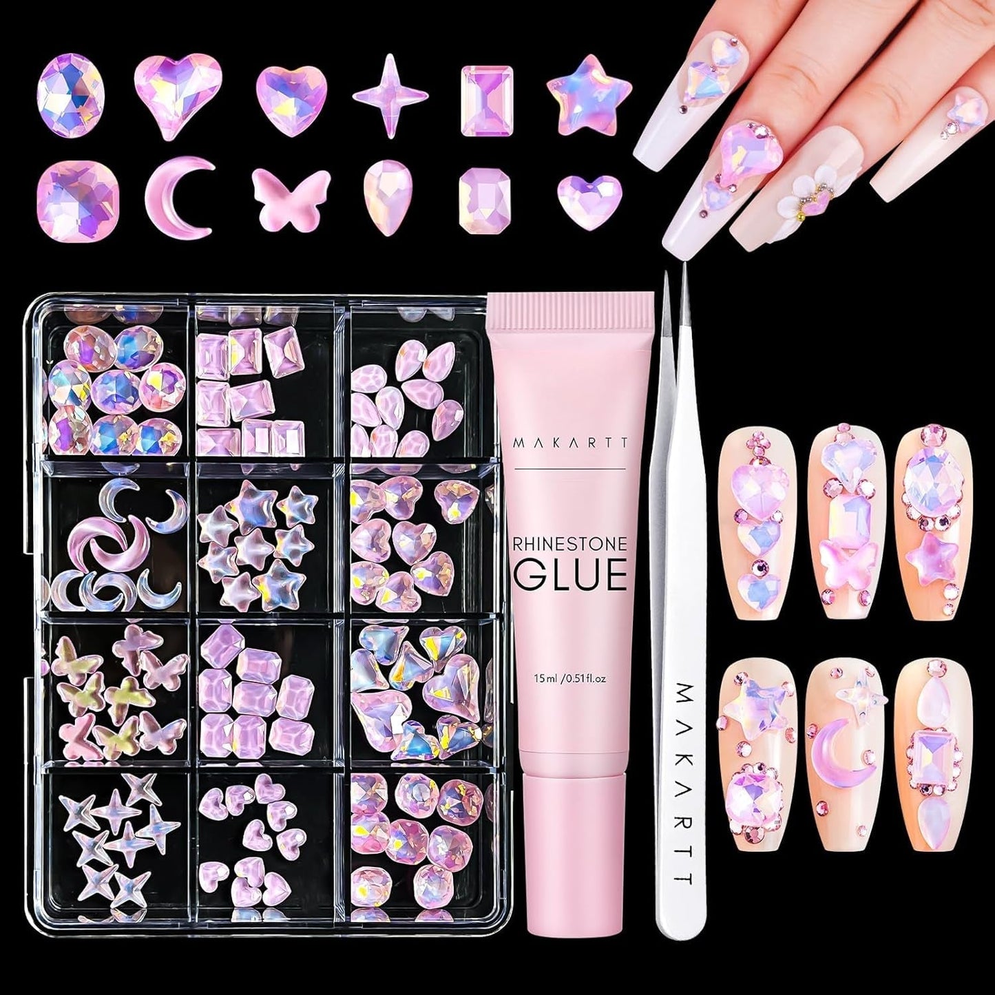 Makartt Rhinestone Adhesive Gel - 15ml UV Nagellim Set med Rosa Nail Charms Heart Circle Nail Smycken och Nageldesign Tillbehör för Hemmanikyr Alla hjärtans dag present