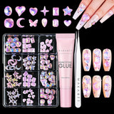 Makartt Rhinestone Adhesive Gel - 15ml UV Nagellim Set med Rosa Nail Charms Heart Circle Nail Smycken och Nageldesign Tillbehör för Hemmanikyr Alla hjärtans dag present