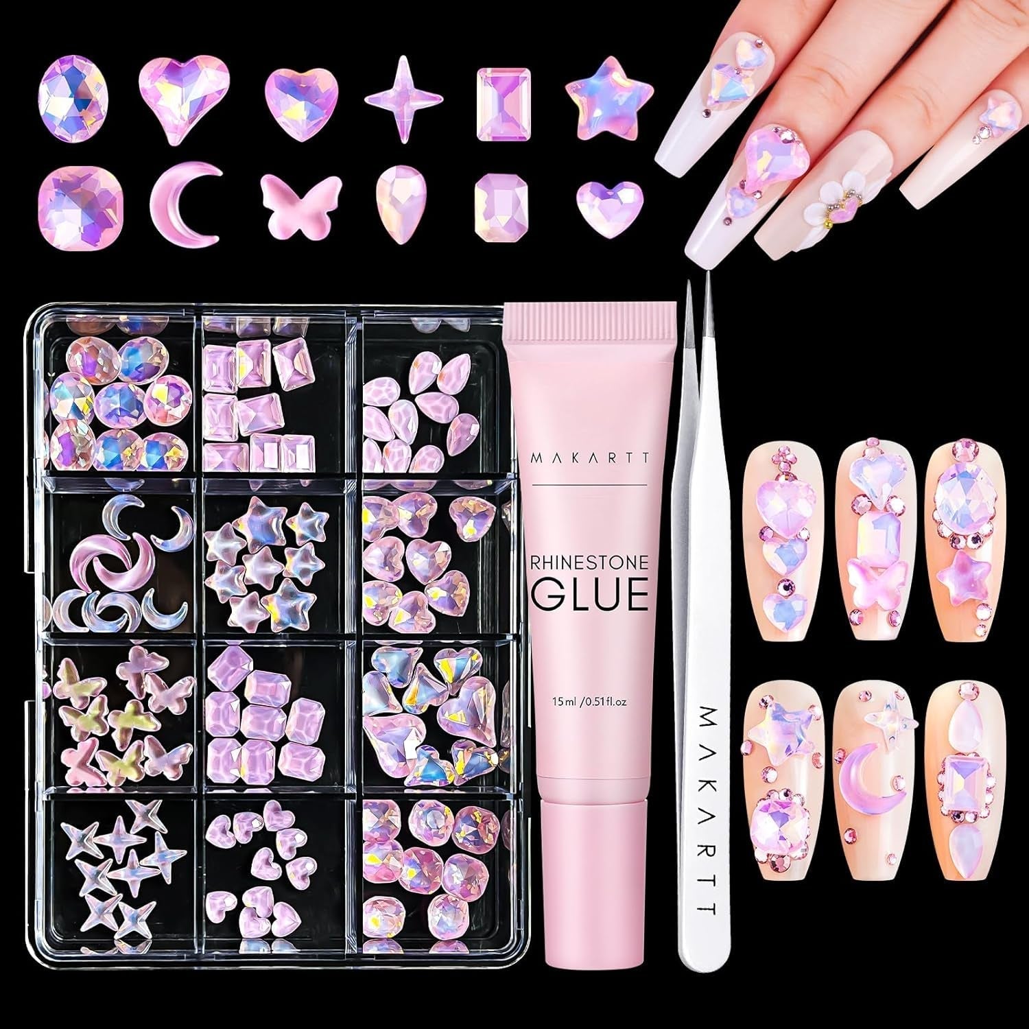 Makartt Rhinestone Adhesive Gel - 15ml UV Nagellim Set med Rosa Nail Charms Heart Circle Nail Smycken och Nageldesign Tillbehör för Hemmanikyr Alla hjärtans dag present