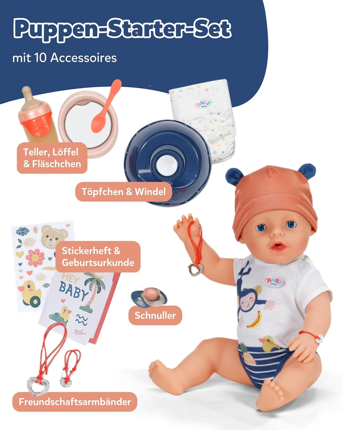 BABY Born Emma i djungelstil - Docka 43 cm lång - 10 funktioner Inklusive accessoarer och klänning i unisexfärger - Fungerar utan batterier - Lämplig för barn från 3 år och uppåt Naty Shop Dolls
