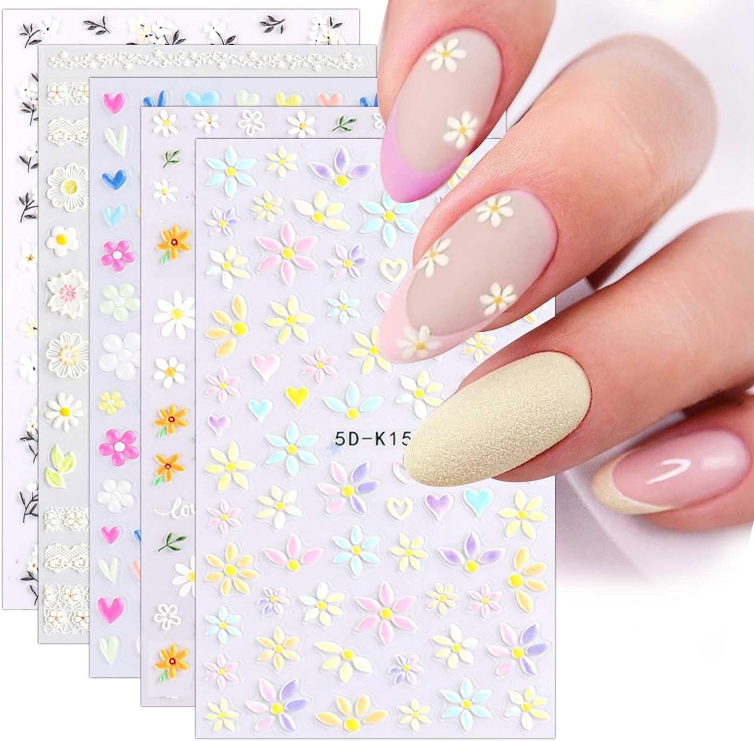 JMEOWIO 3D Nagelsticker Frühling Blumen 5 Blatt Nagelaufkleber 5D Stereoskopisk Selbstklebend Bunte Blüte Nail Art Sticker Dekoration Nageldesign Zubehör