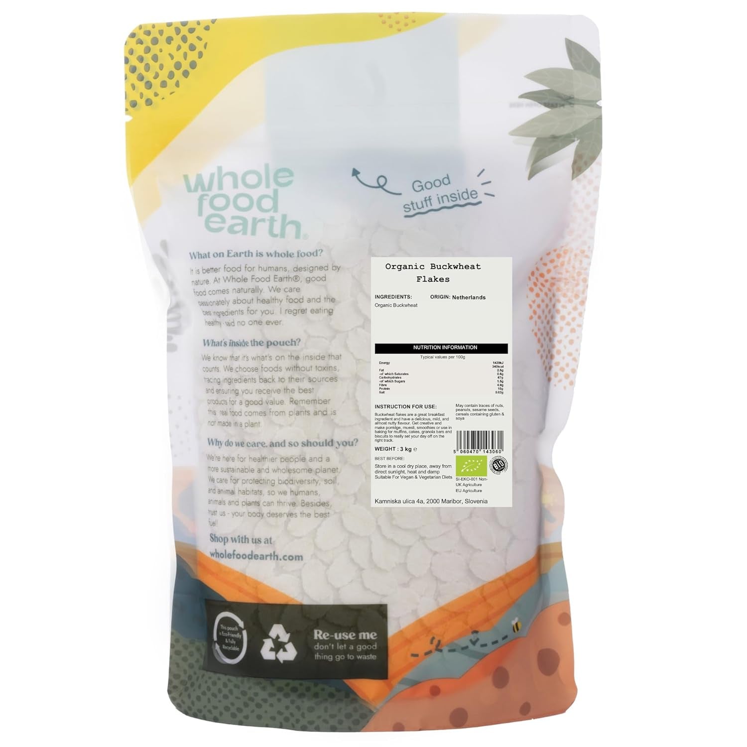 Wholefood Earth Organic Bowheat Flakes – 3 kg | Rå | Icke-GMO | Vegan | Källa till fiber | Certifierad ekologisk