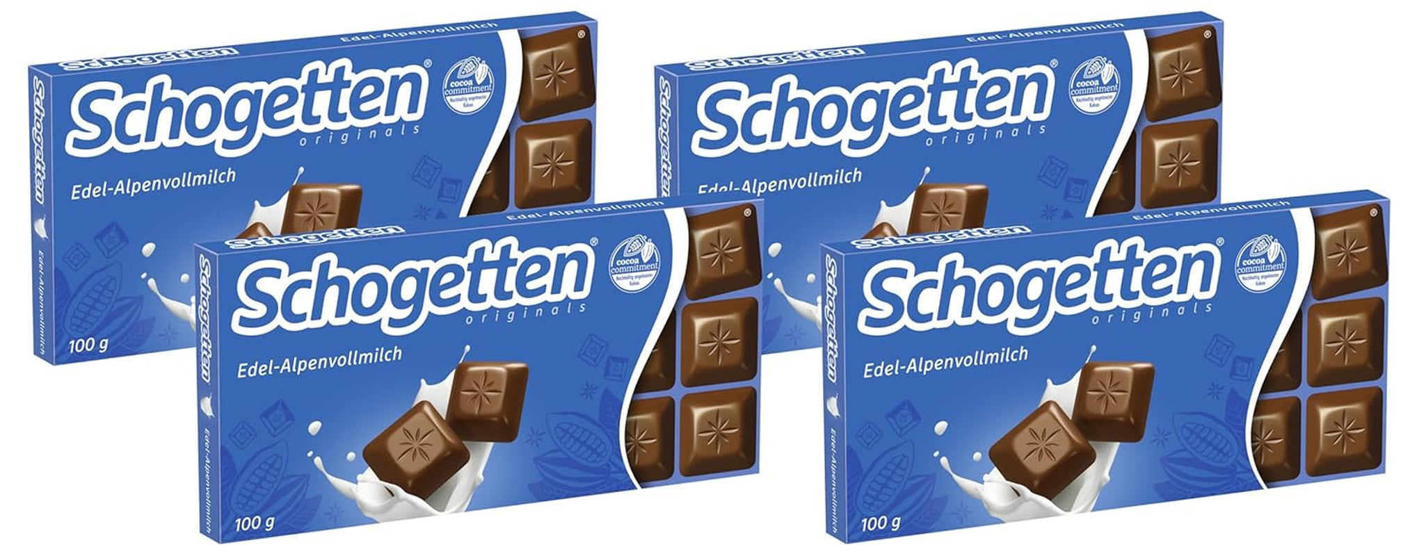 Schogetten Premium Alpine mjölkchokladkaka, 100g, individuellt portionerad. En fröjd. Bit för bit.