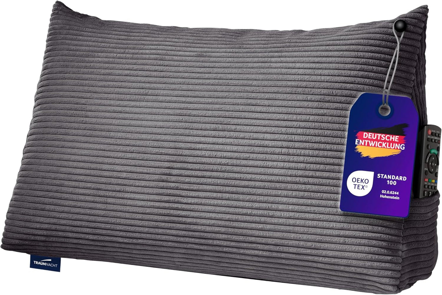 Läskudde Traumnacht Mysig Ryggkudde, 70 x 40 cm mörkgrå, avtagbart och tvättbart överdrag av 100 % polyester, praktisk sidficka, Oeko-Tex certifierad, tillverkad enligt tyska kvalitetsstandarder