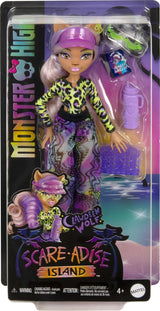 Monster High Scare Adise Island Clawdeen Wolf docka med baddräkt, joggingbyxor och strandtillbehör som visir, vattenflaska och bok