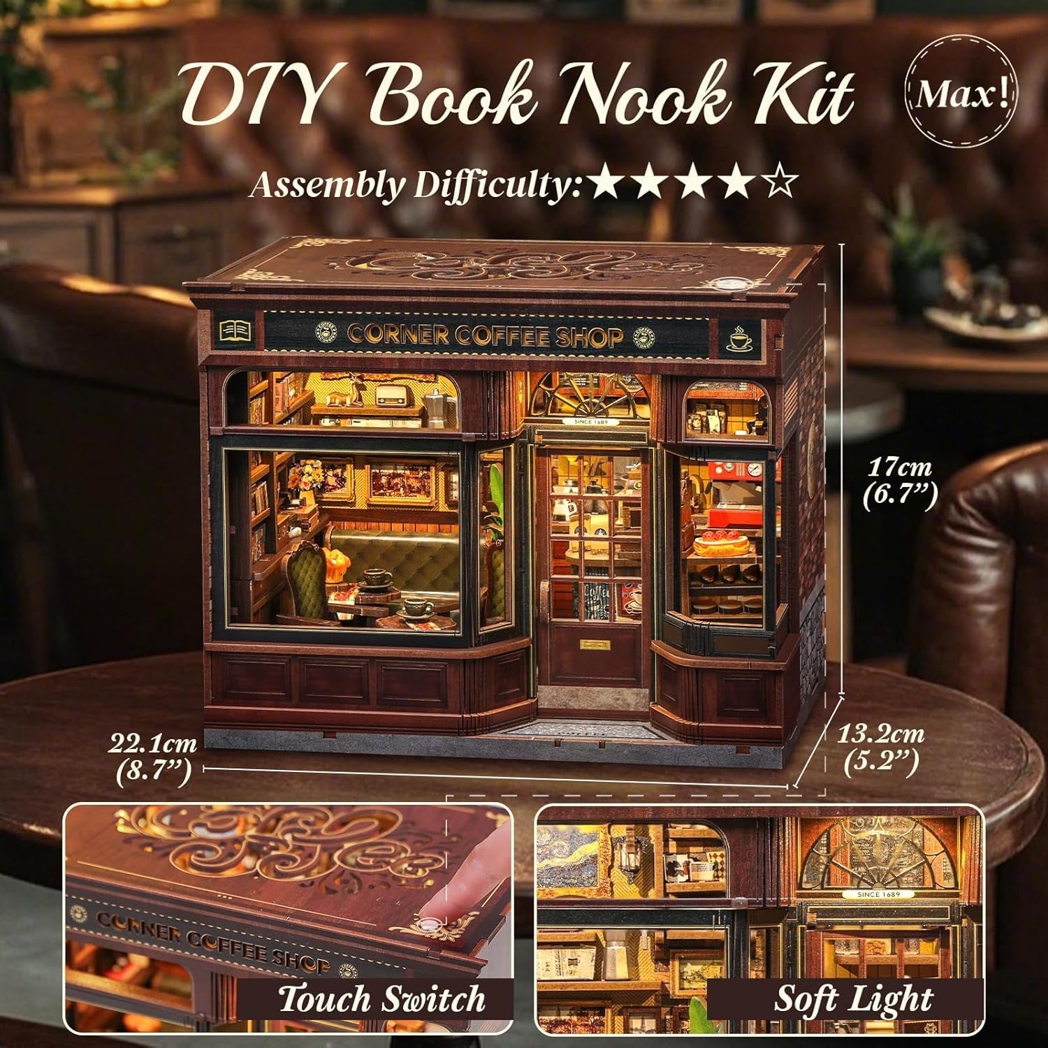 CUTEBEE Book Corner Kit - DIY dockhus, LED Light Up Miniatyr husbyggande kit för vuxna, 3D träpussel och bokställ - bokhylla dekoration och present (Corner Cafe)