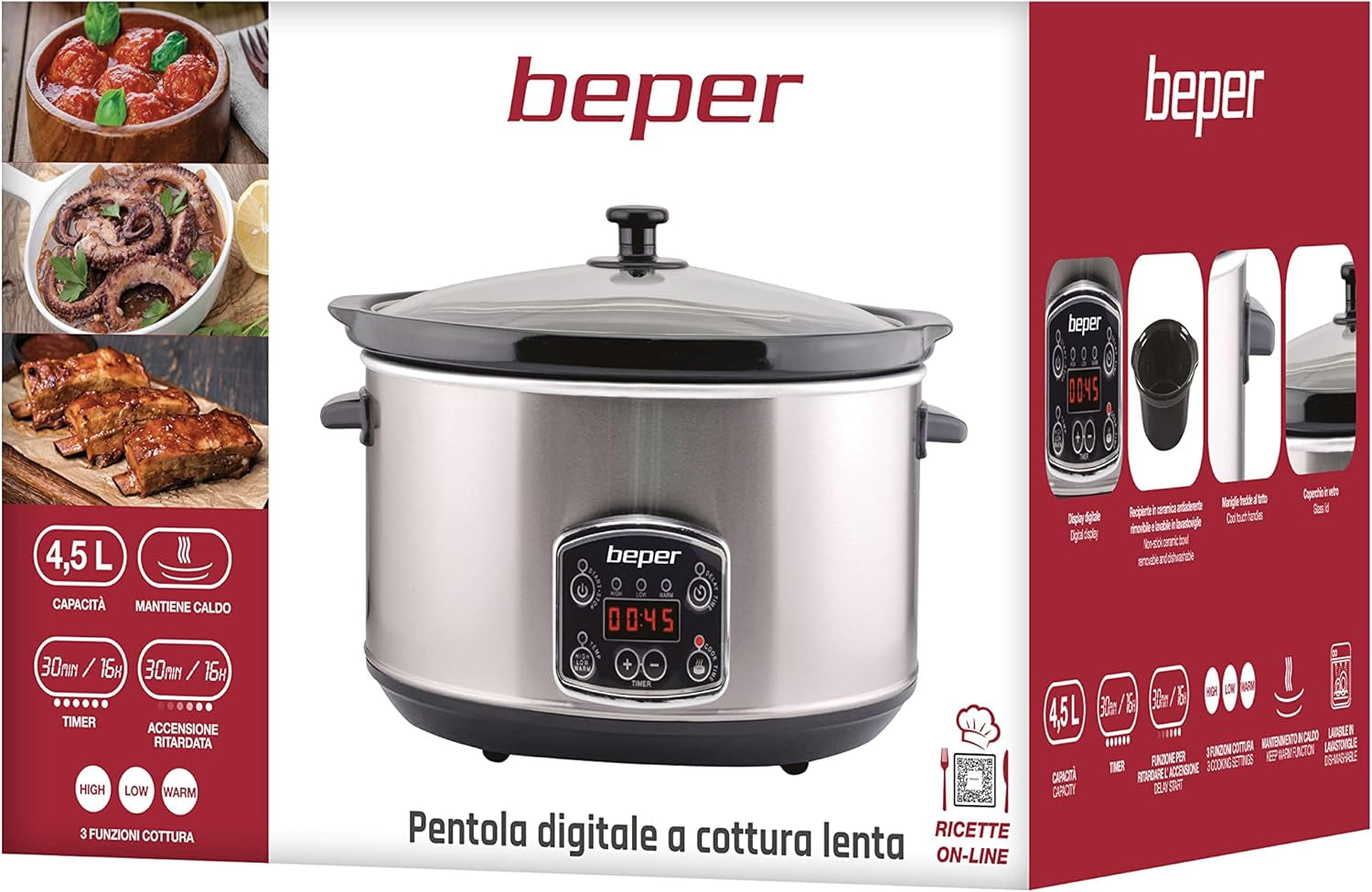 Beper BC.510 Slow Cooker, 280 W, 4,5 liter, keramiskt glas, svart och stål Slow Cooker Naty Shop