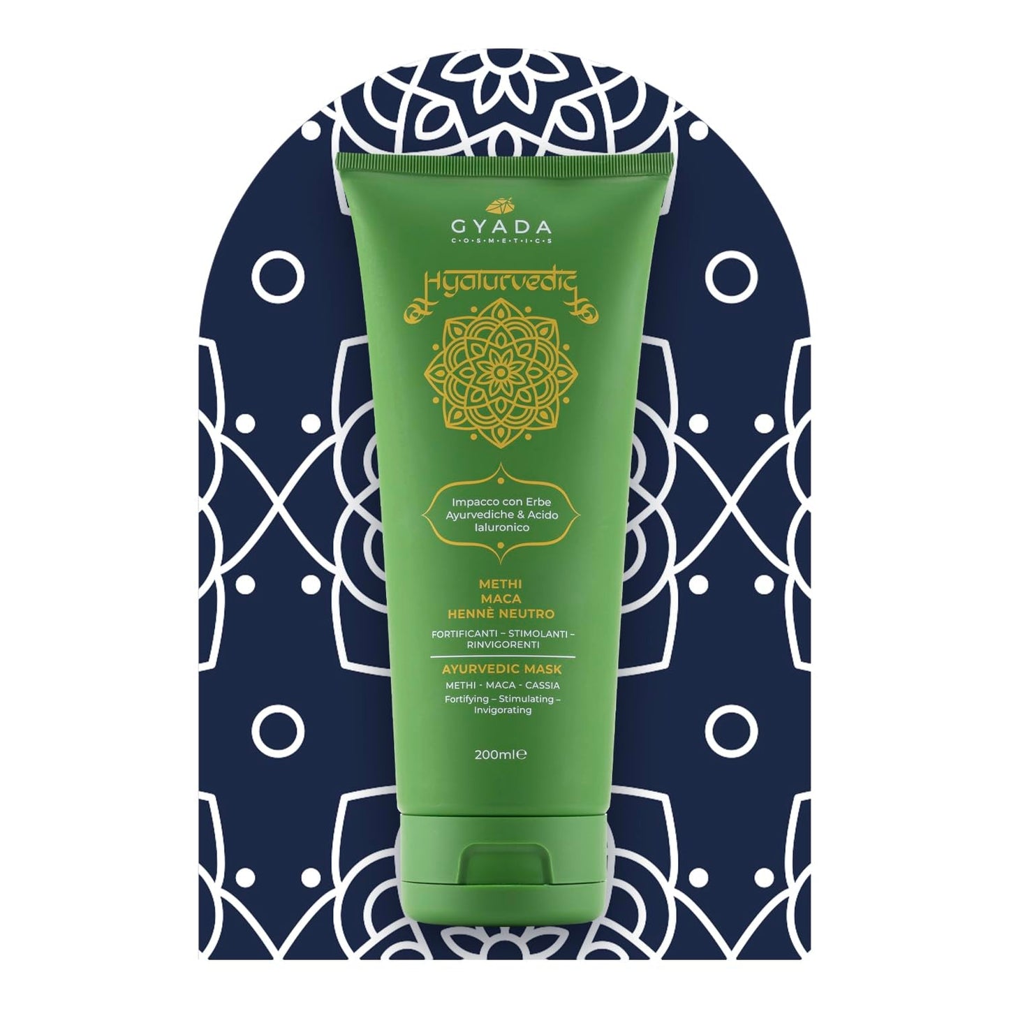 GYADA COSMETICS, hyalurvedisk stärkande ayurvedisk kompress, professionell behandling för fint och svagt hår, antifrizz med methi, maca, neutral henna, 200 ml Naty Shop hårmask
