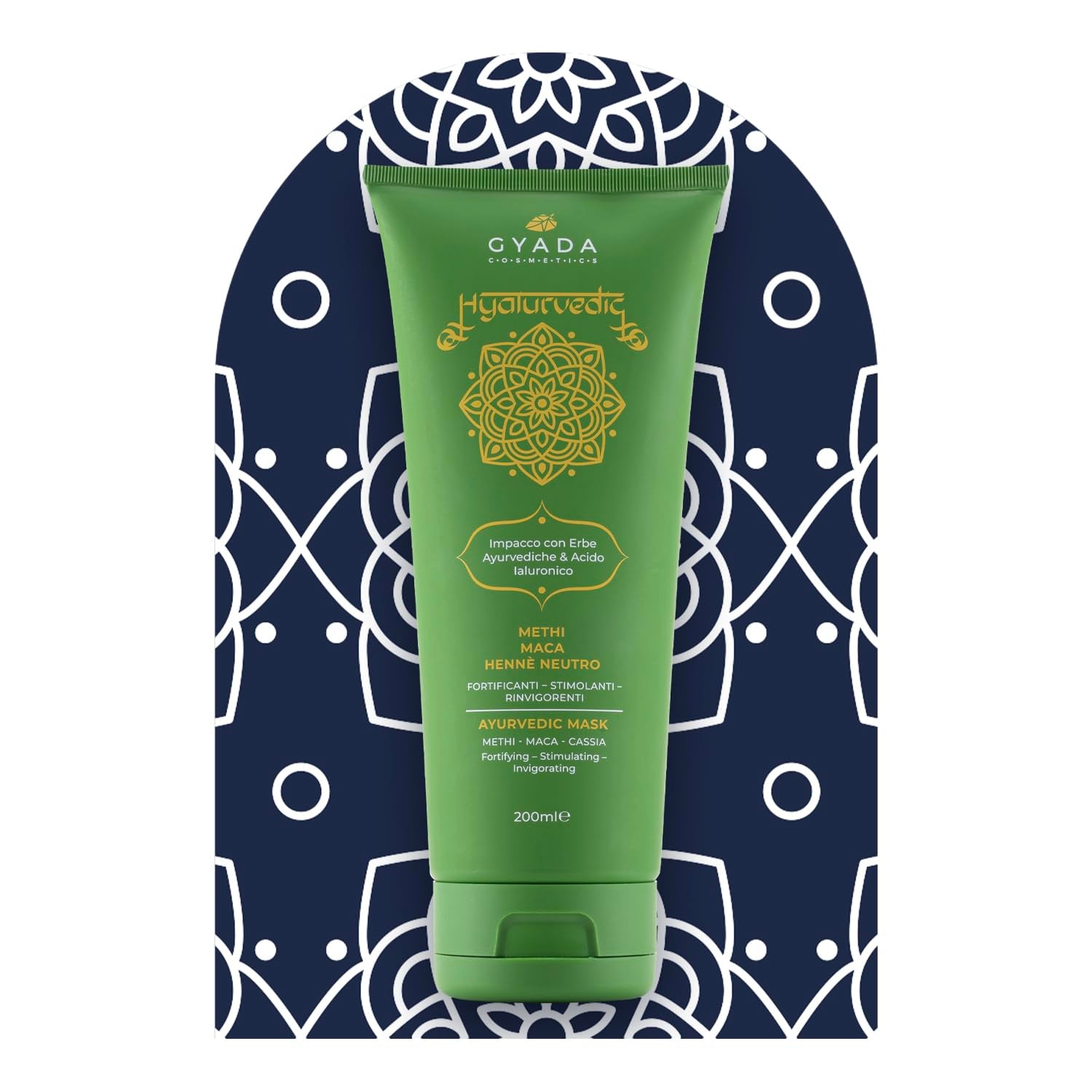 GYADA COSMETICS, hyalurvedisk stärkande ayurvedisk kompress, professionell behandling för fint och svagt hår, antifrizz med methi, maca, neutral henna, 200 ml Naty Shop hårmask