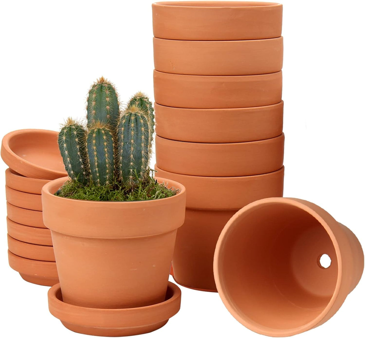 Hollyone 8-delad liten terrakottakruka, 8x8 cm runda lerkrukor med tallrik och dräneringshål, små planteringskärl med bricka, terrakotta-suckulentkrukor för inomhusväxter, keramiska planteringar