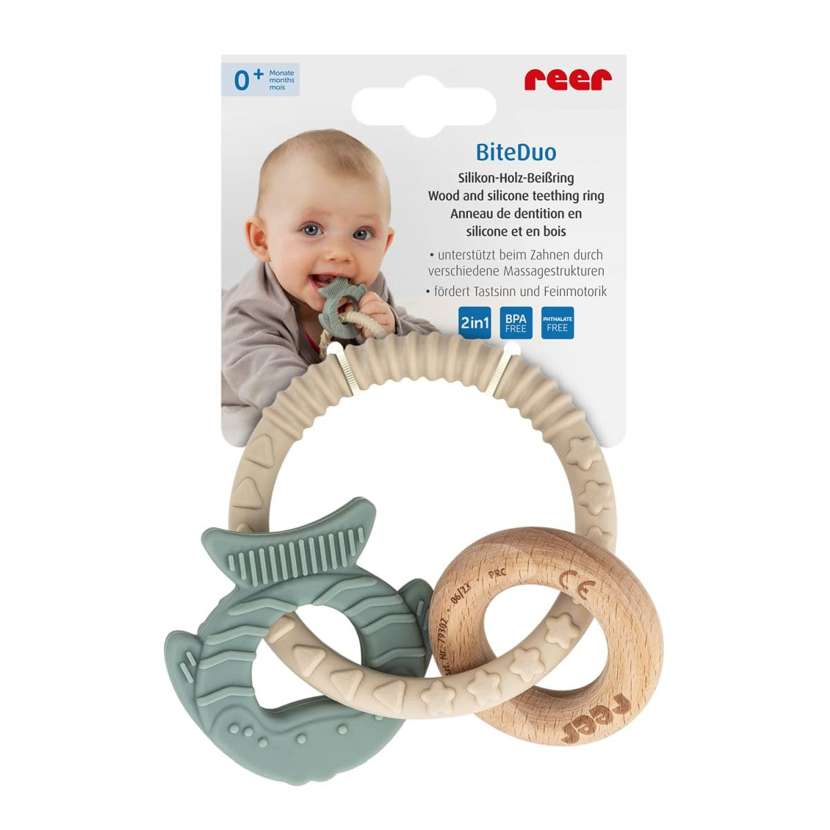reer BiteDuo | Baby Silicone Wood Teether | Tandsjukdomar | Motoriserad leksak