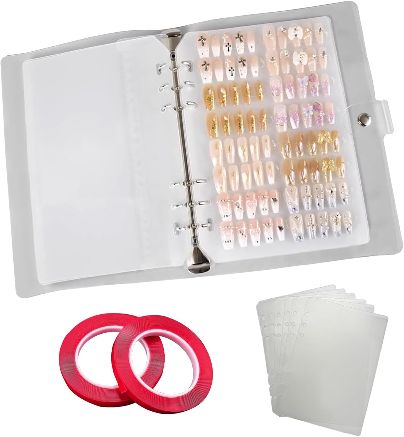 A5 Nail Organizer Set med klammerförslutning och avtagbara ark - Robust genomskinlig låda + 6 självhäftande kuddar och löstagbar konstgjord/häftande nagelförvaringsbok - Idealisk för förvaring, presentation
