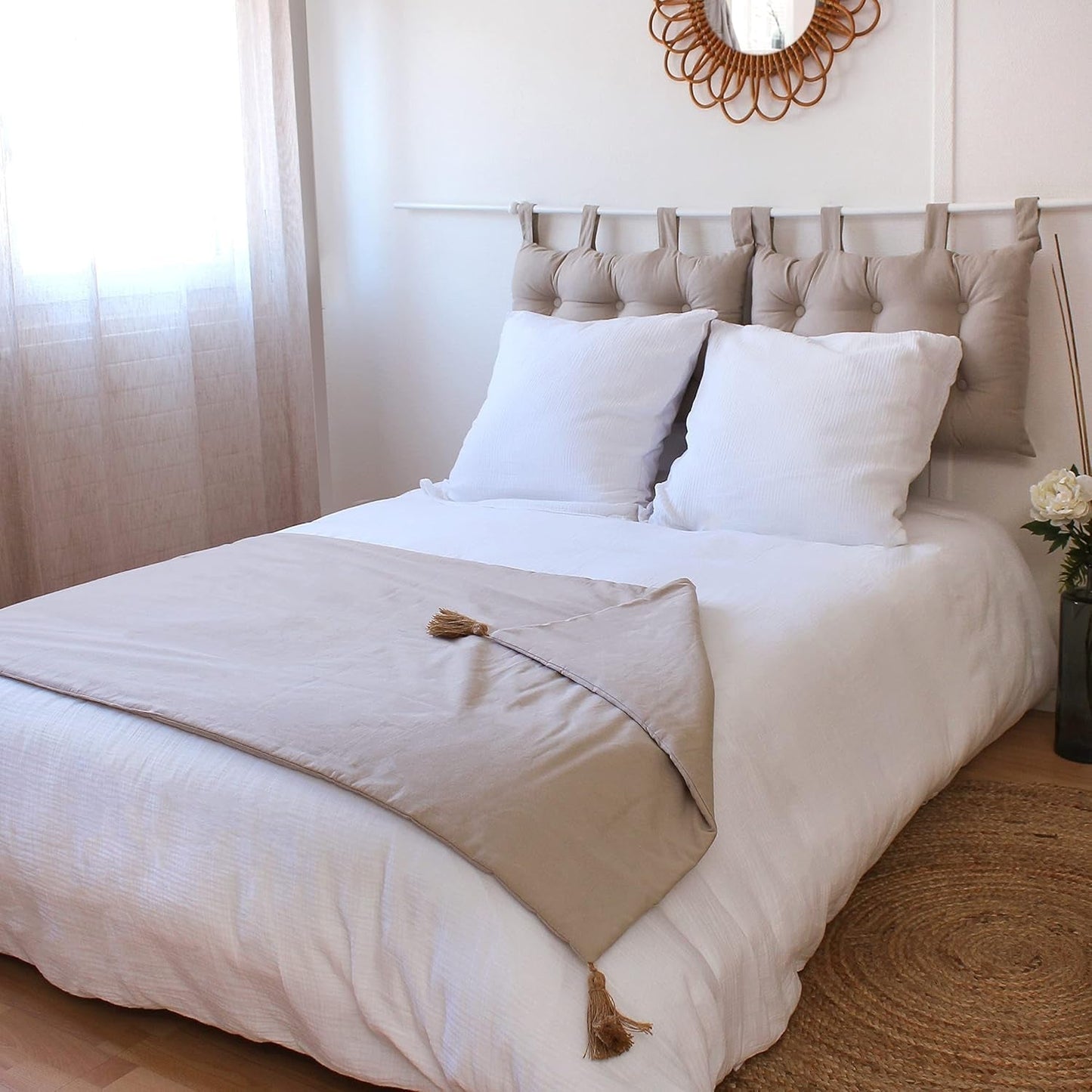 Njut av hemfilt, beige, naturligt, med 4 jutepumps, 90 X 190 cm, 100 % bomull, Oeko-Tex Certified, Panama Collection Naty Shop filtar och täcken