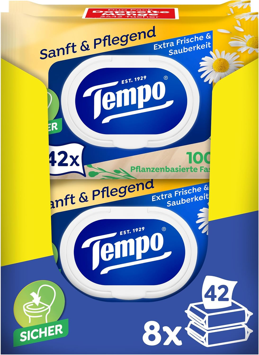 Tempo "Gentle & Caring" toalettservetter - Megapack - 16 paket med 42 våtservetter - Duo Pack - med naturlig kamomill - toalettpapper, dermatologiskt testad och neutral mot hudens Ph