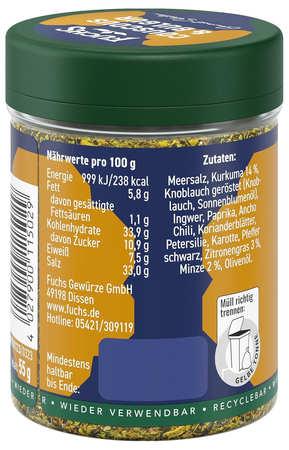 Fuchs Spices Gourmet Selection Mellanöstern/Afrika - Couscous och Bulgur Spice Mix Påfyllningsbar kryddmix för kryddning Bulgurrätter Vegansk 55g