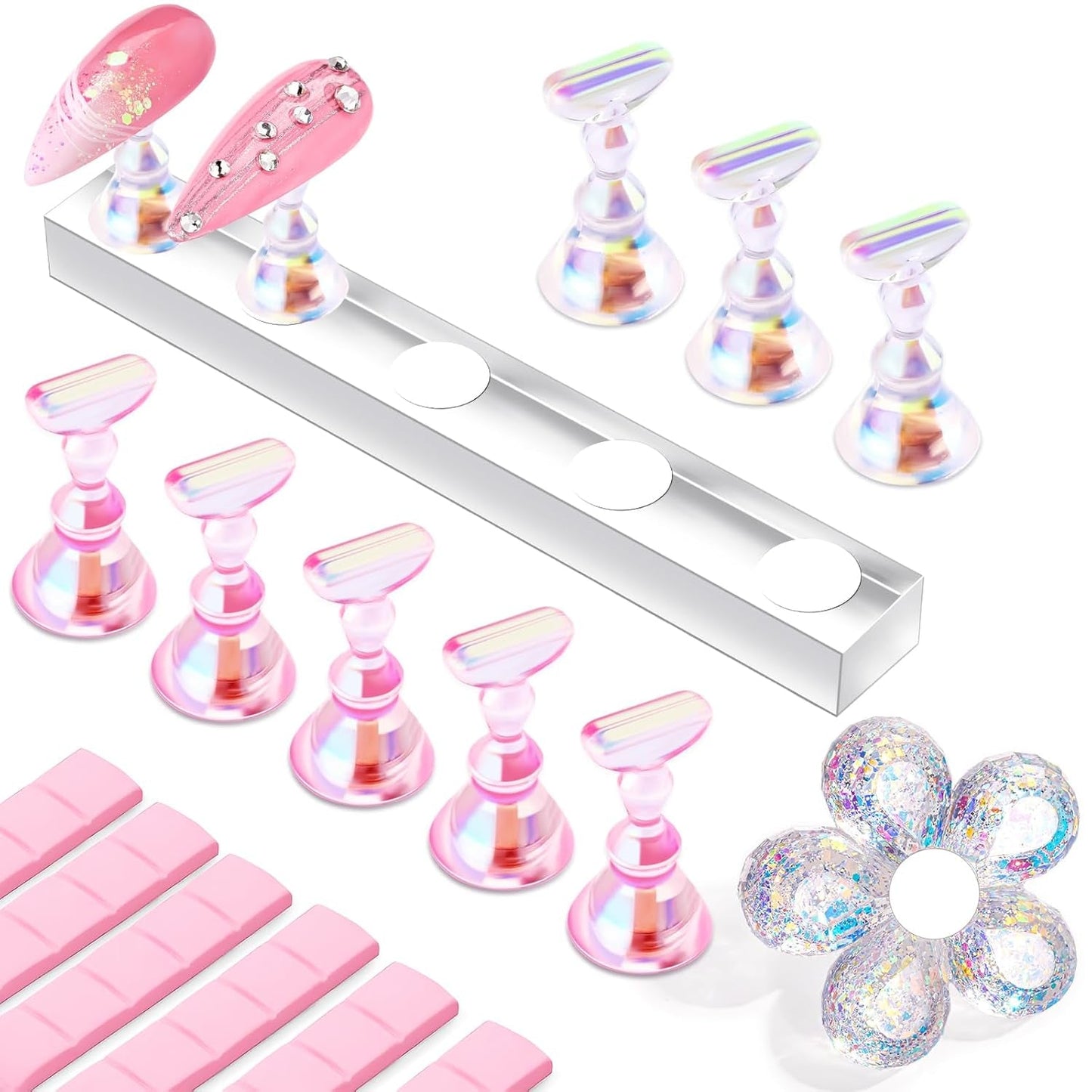 Makartt akryl nagelhållare, magnetisk nagelhållare, nagelhållare, transparent rosa nagelhållare med 48 självhäftande spackel