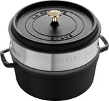 STAUB Gusseisen Bräter/Cocotte, Mit Dämpfeinsatz Aus Edelstahl, Rund 26 Cm, 5,2 L, Aromaregen Funktion Für Optimale Befeuchtung, Für Alle Herdarten Inkl. Induktion & Backofen, Kirschrot, Röta Formar och bakplåtar Naty Shop Schwarz