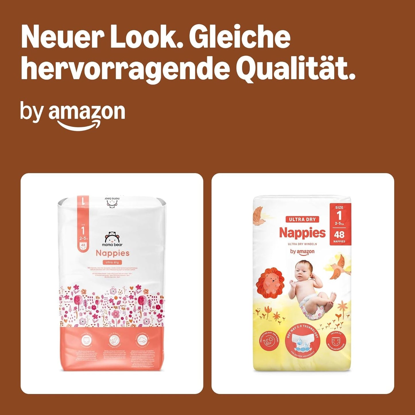 Amazon Ultra Dry blöjor, storlek 1 (2-5 kg) - månadslåda, vit, antal 96 (2 förpackningar om 48) (tidigare Mama Bear Brand, identisk produkt)