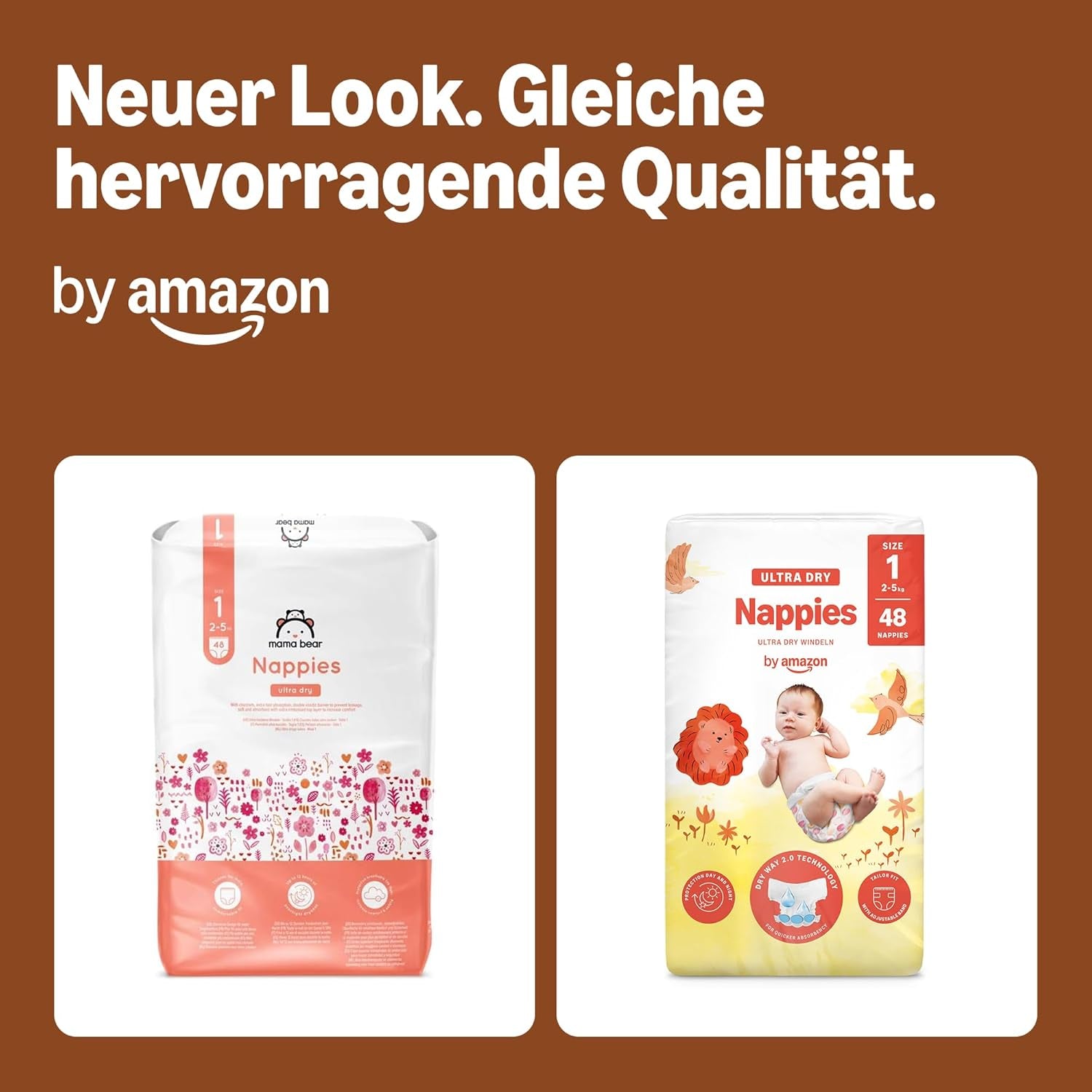 Amazon Ultra Dry blöjor, storlek 1 (2-5 kg) - månadslåda, vit, antal 96 (2 förpackningar om 48) (tidigare Mama Bear Brand, identisk produkt)