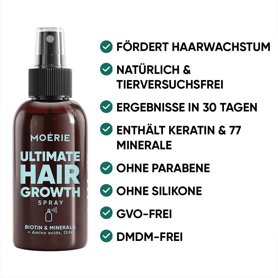 MOÉRIE Ultimate Mineral Hair Growth Spray för längre, tjockare och fylligare hår - med biotin och koffein - Veganska hårprodukter, Parabenfri, alla hårtyper, vänder håravfall - 2 månaders tillförsel Hårvård Naty Shop