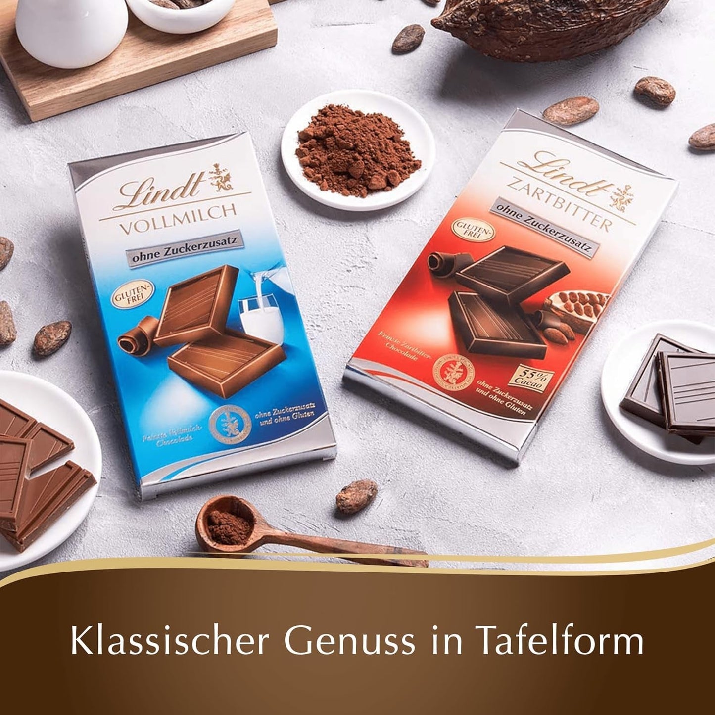 Lindt Choklad | Mörk chokladkaka utan tillsatt socker | 100g | Den finaste mörka chokladen med 55% kakao, inget tillsatt socker och inget gluten | Glutenfri chokladkaka