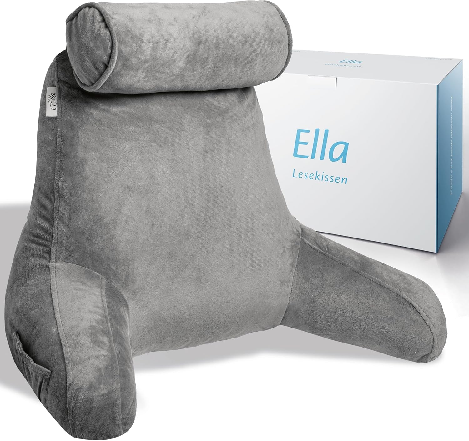 Ella Läskudde för säng och soffa med avtagbar nackrulle - Ryggkudde för säng - Läskudde med minnesskum med armstöd, idealisk för läsning, titta på TV, koppla av eller som ryggstöd - Grå