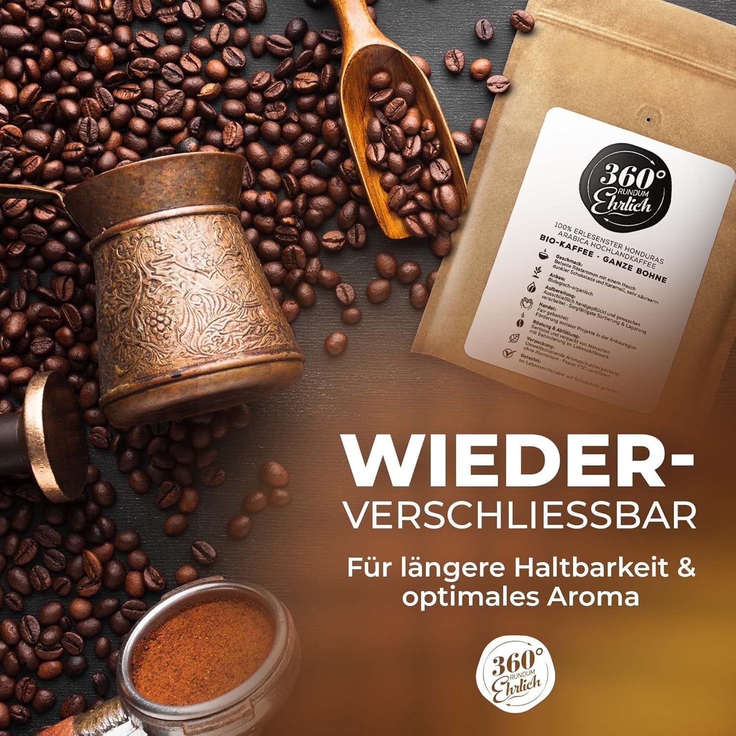 Premium Bio Kaffeebohnen 1000g, 100% Honduras Hochland Arabica Kaffeebohnen Bio - Köstlich, mild, säurearm - Bio Kaffee ganze Bohnen - Ideal as Kaffeebohnen Vollaautomat - 360° Rundum Ehrlich