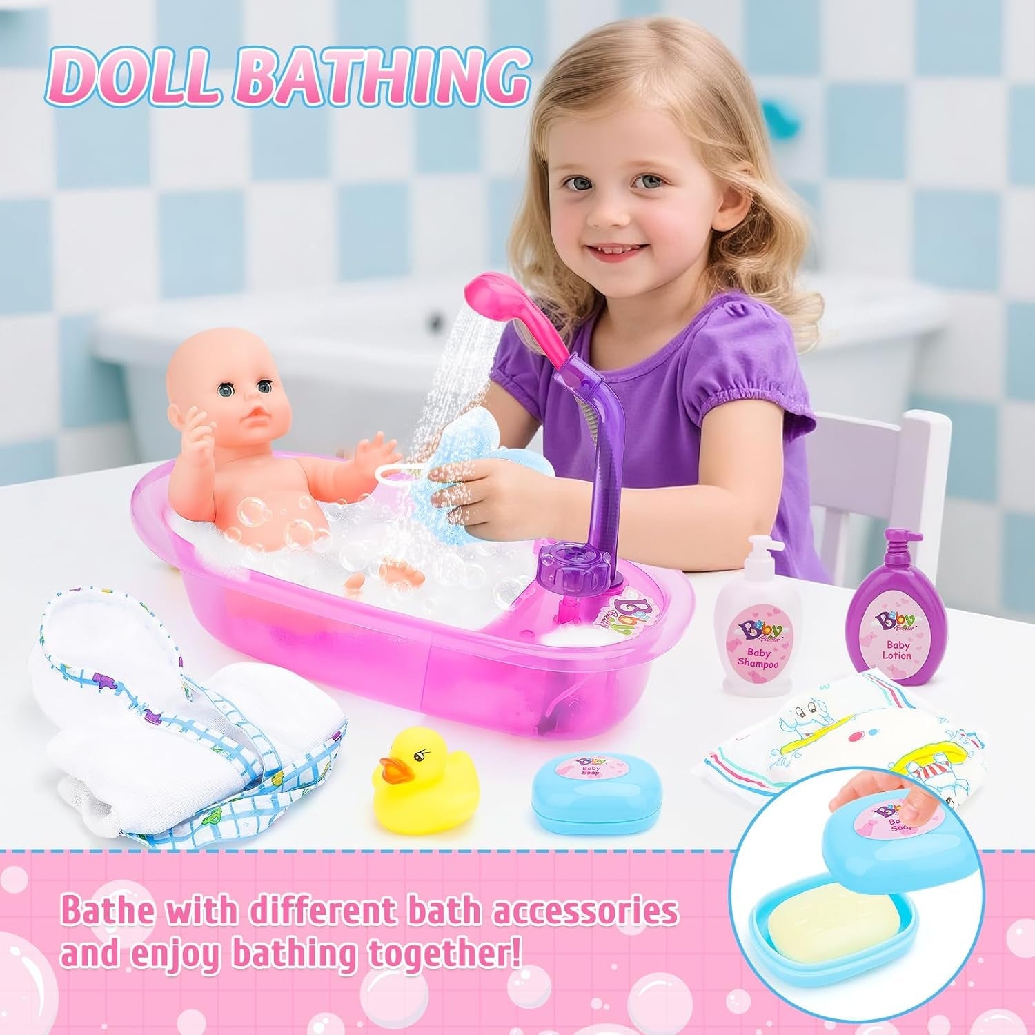 deAO Dockbadkarsset, 33 cm interaktiv docka, dockbadkar, docklekset med napp, dockkläder, badrock, dockblöjor, badkar och funktionell duschspray