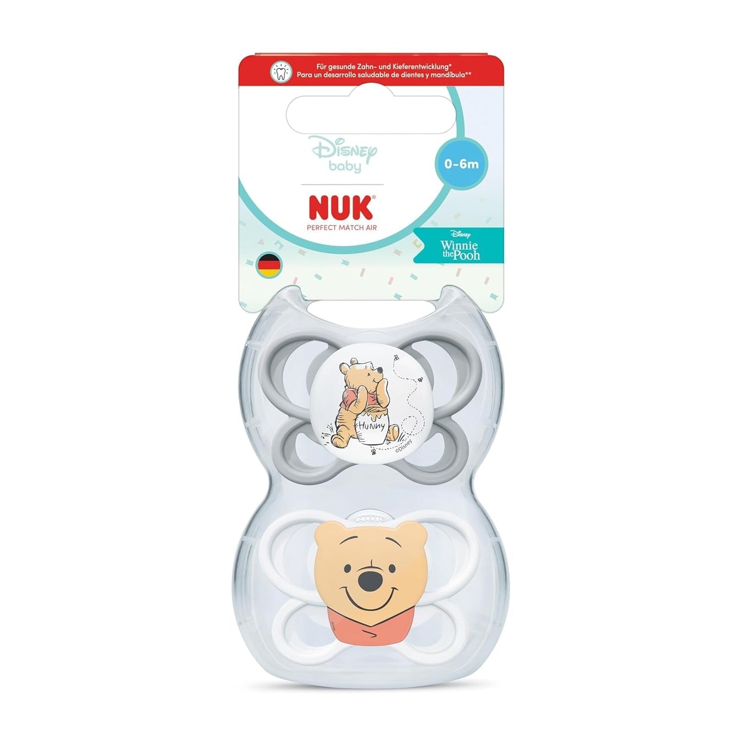 NUK Perfect Match luftnappar för spädbarn | 0-6 månader | Ortodontiska nappar som främjar luftcirkulationen och förhindrar utslag orsakade av saliv | 95 % acceptans av spädbarn** | Disney Nalle Puh | Paket om 2